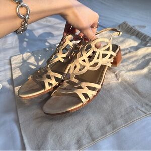 Stuart Weitzman cream Cutout Leather Sandals Block Heel Size 10